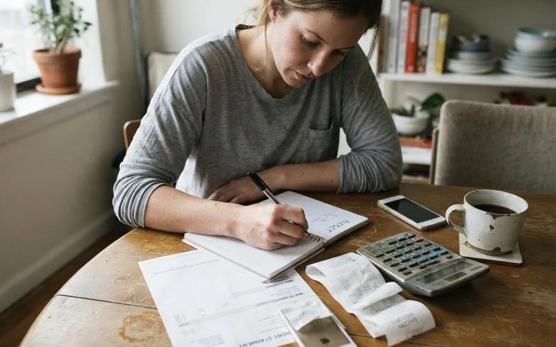 A renter sits at a table calculating a monthly budget with a calculator, bills, and a lease agreement