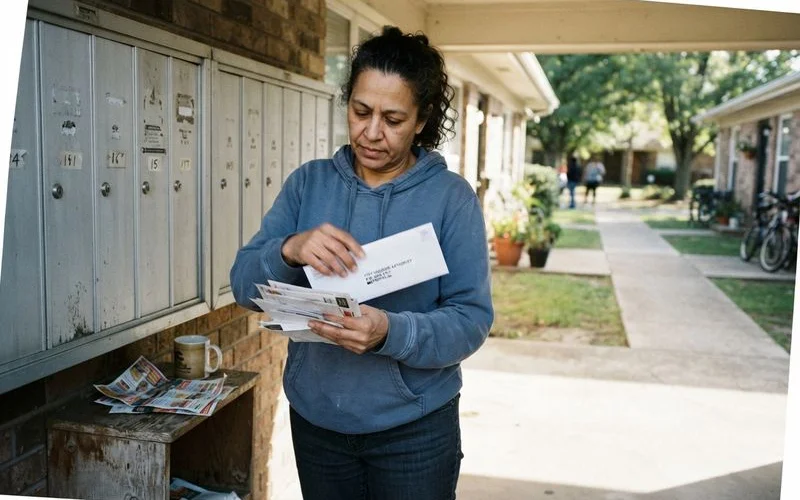 A person checks their mailbox and reviews a housing authority letter on their front porch