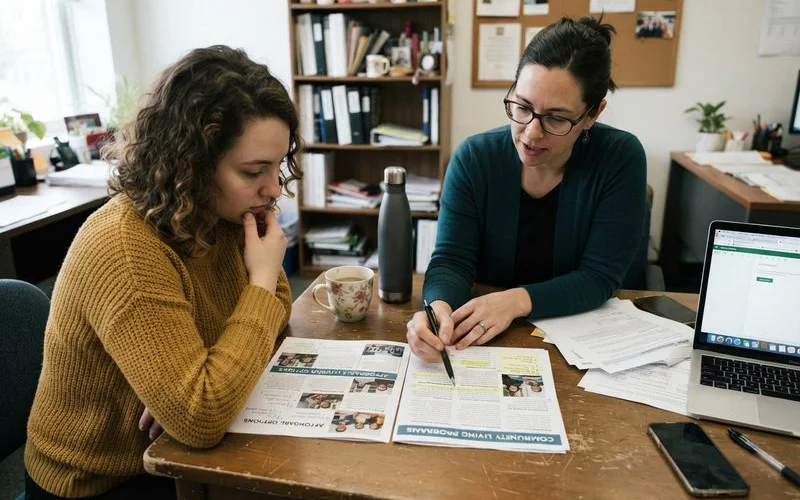 A person sits with a laptop comparing several housing program brochures spread out on a table