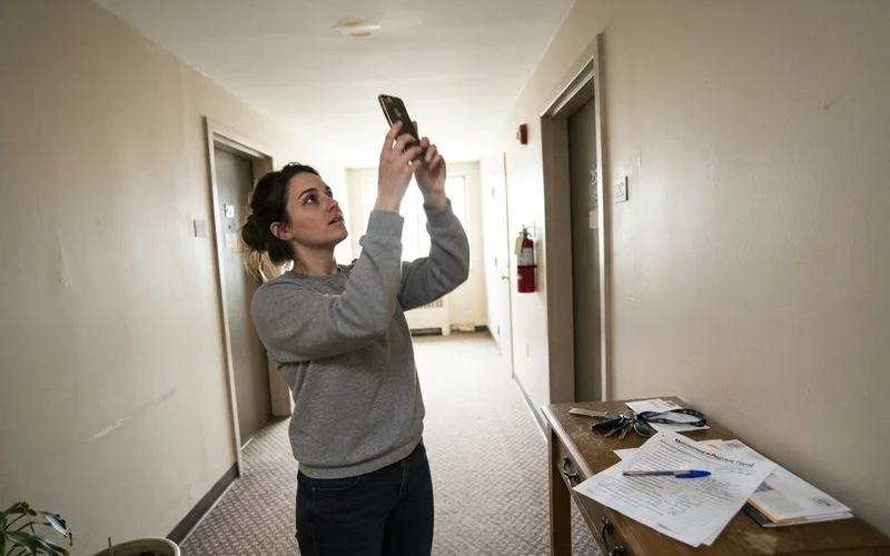 A tenant photographs a water-damaged ceiling corner with a phone to document a maintenance issue