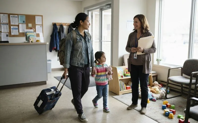 A parent and child carry a small bag of belongings while walking toward a shelter entrance at dusk