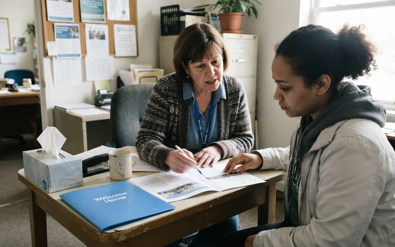 A case manager sits across a small table from a new resident reviewing a case plan document