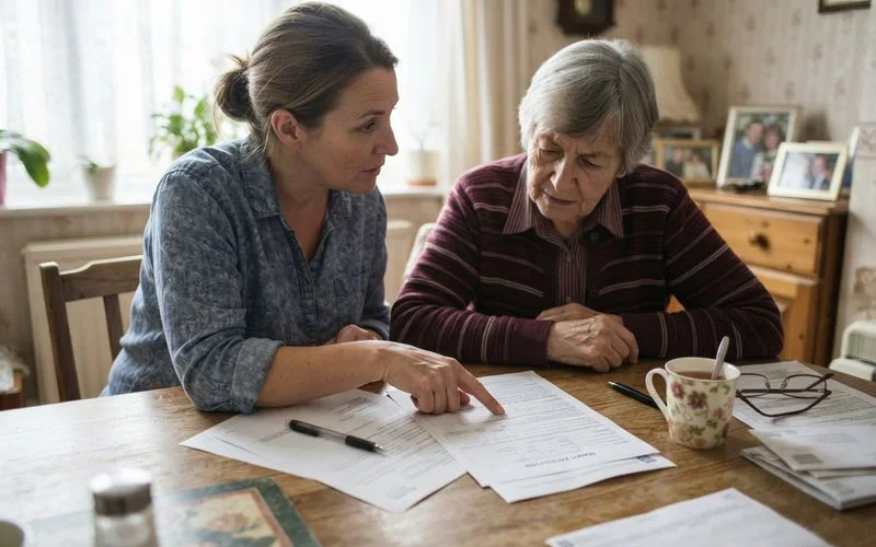 An adult child sits beside an older parent reviewing housing paperwork together at a table