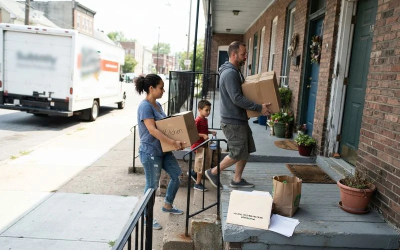 A moving truck is parked outside an apartment building as someone carries boxes toward the entrance