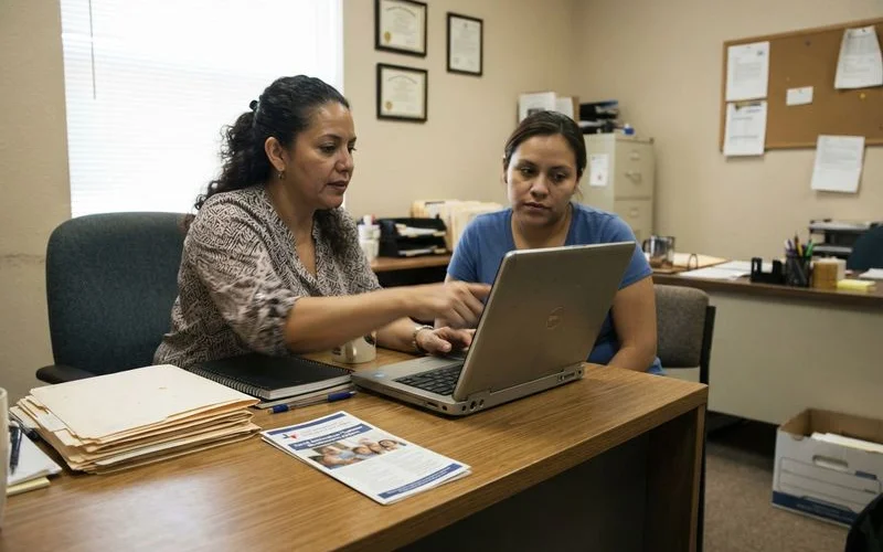 A volunteer at a community assistance office hands paperwork across a desk to a client applying for help