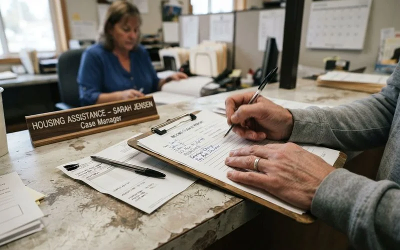 A tenant fills out a housing authority income change form at a kitchen table with pay stubs nearby