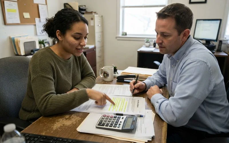 A tenant reviews a lease document and rent breakdown sheet at a kitchen table with a laptop nearby
