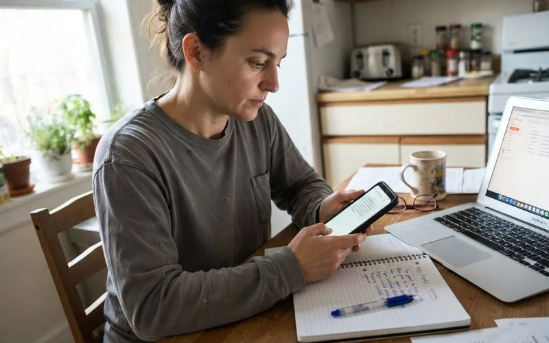 A person examines a suspicious text message and email on a phone next to a laptop with a warning symbol