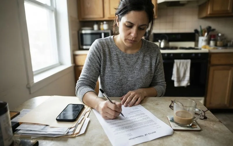 A tenant reviews a court eviction notice document at a table, looking at a calendar to check the deadline