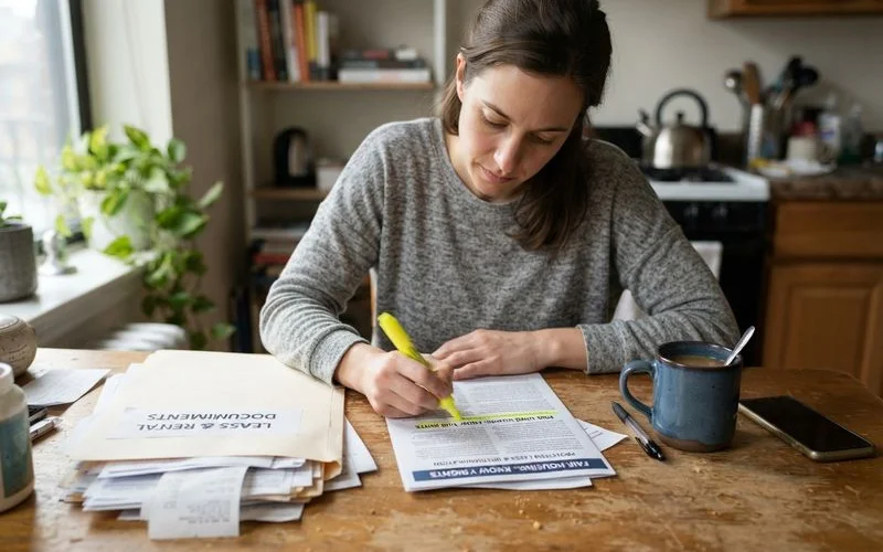 A tenant reviews a printed copy of fair housing rights information at a desk