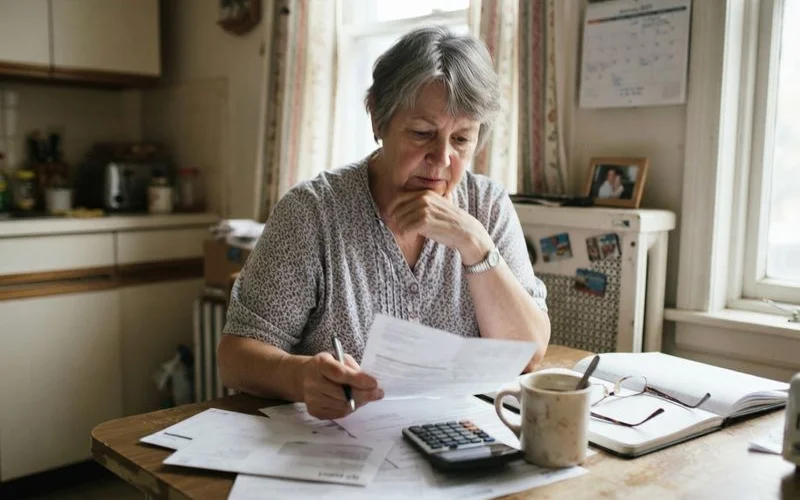 An older adult reviews a rent statement and budget notes at a kitchen table with reading glasses nearby