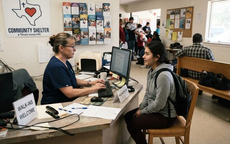 A caseworker reviews an intake folder with a client at a reception desk inside a Texas shelter facility