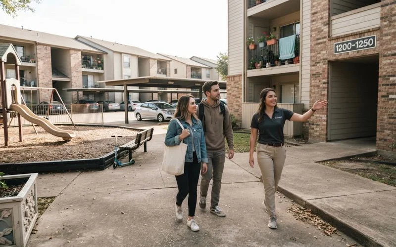 A property manager walks a prospective tenant through a hallway of a LIHTC apartment community