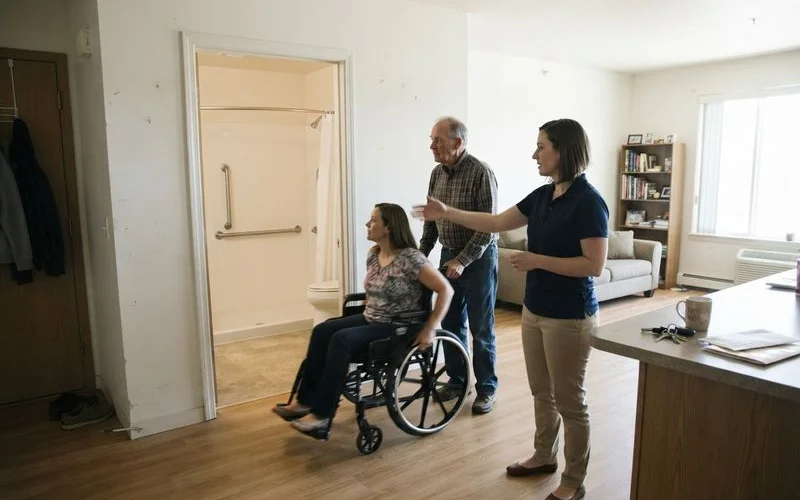 A family member assists someone using a mobility device while touring an accessible apartment unit