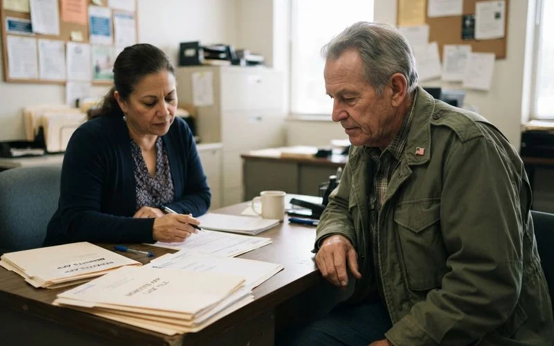 A veteran meets with a case worker at a VA-affiliated office reviewing housing program options